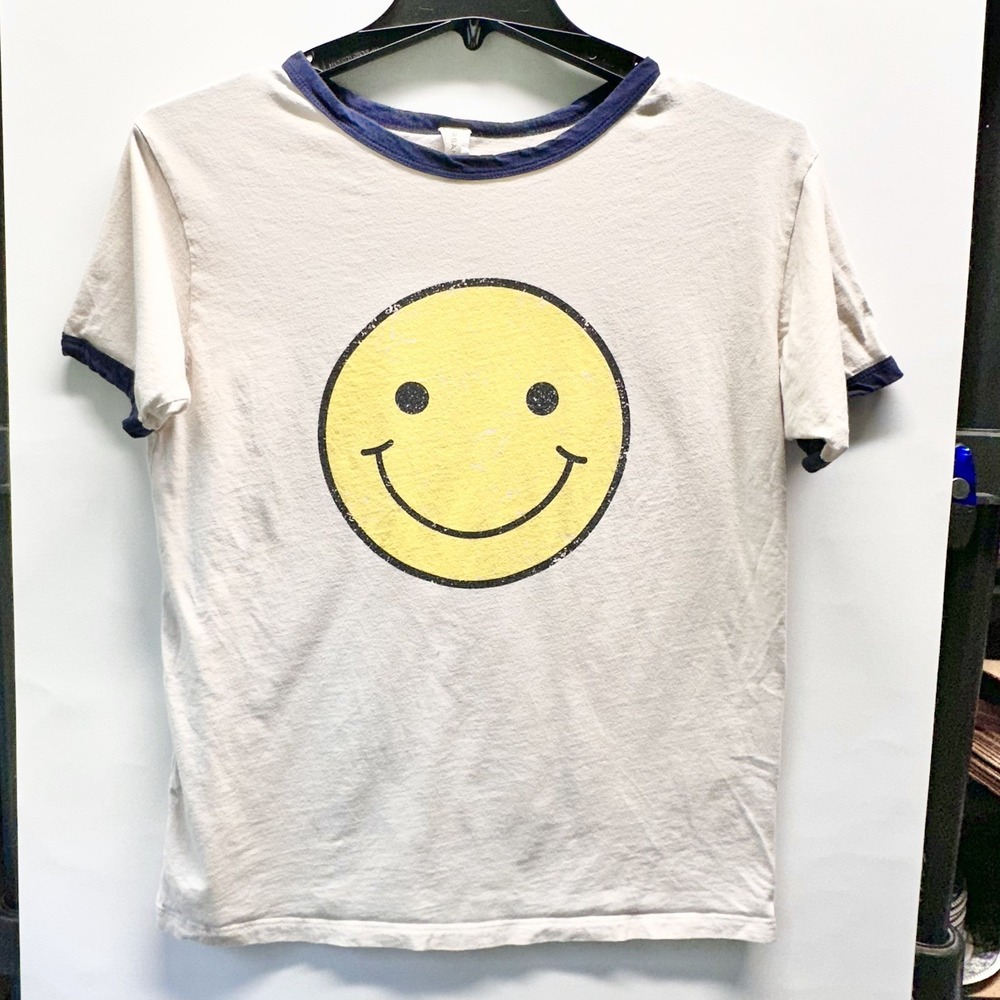 Vintage Urban Daizy Smiley Face Ringer T Shirt Womens Size M Made USA Y2K
